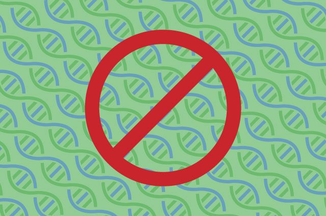 No entry sign over DNA double helix strings.