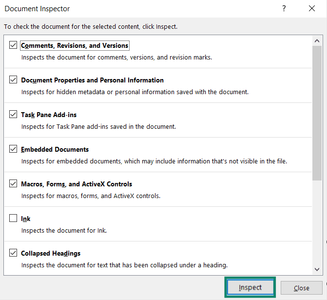 Microsoft's document inspector, showing several fields checked and highlighting the Inspect sign.