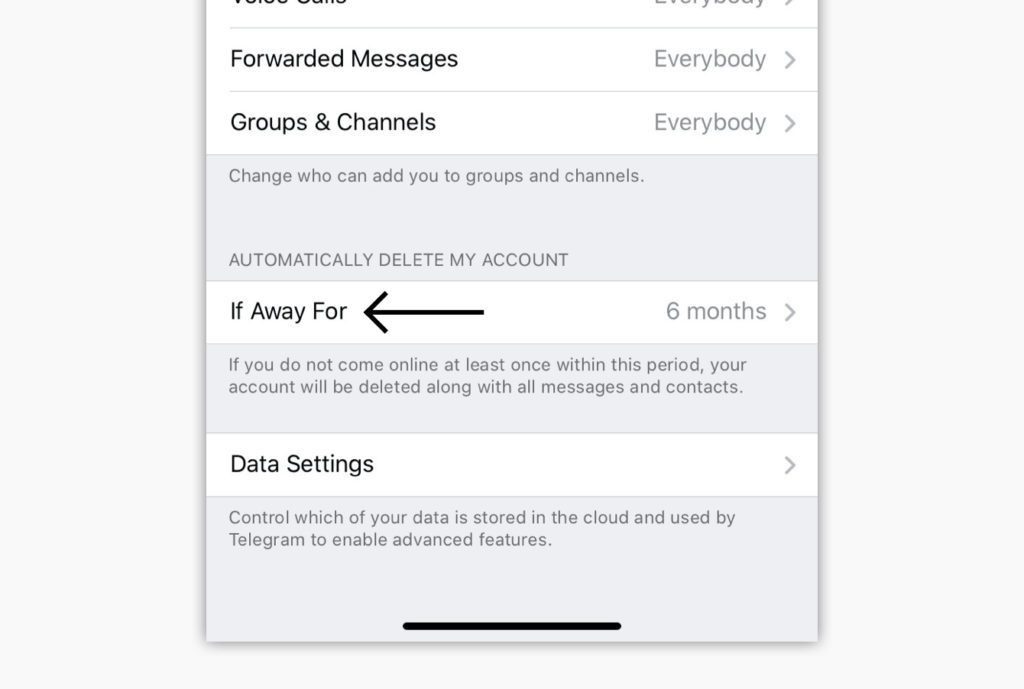 Telegram "If Away For" menu.