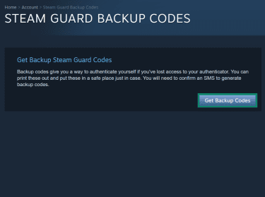 Steam Guard backup codes page. The "Get Backup Codes" button is highlighted.