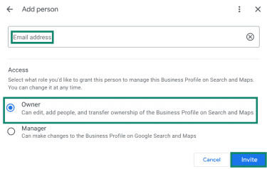 Selecting an owner of the Google Business Profile.