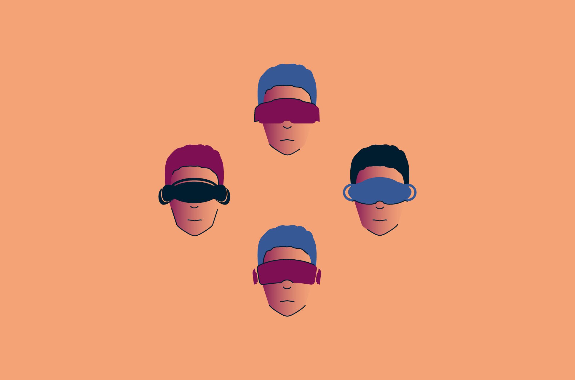 Vier Köpfe mit VR-Brillen