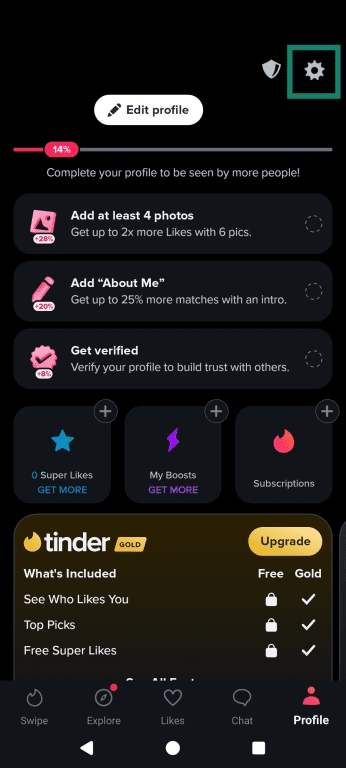 The Android Tinder account menu, highlighting the Gear icon.