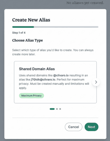 New Alias modal with Shared Domain Alias selected.