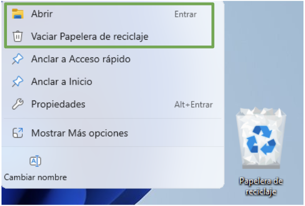 Windows 11 dropdown menu with the options to open the Recycle Bin and empty it highlighted.