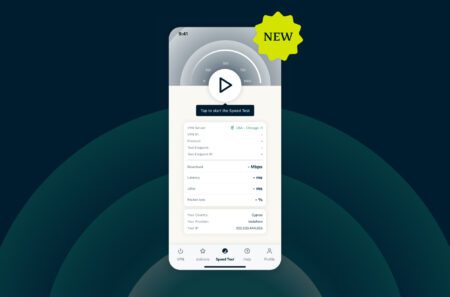 Screenshot of the ExpressVPN mobile app displaying the new speed test feature.