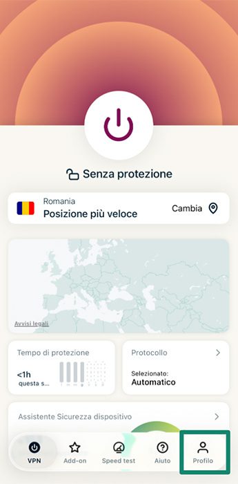ExpressVPN home screen showing disconnected status and Profile tab.