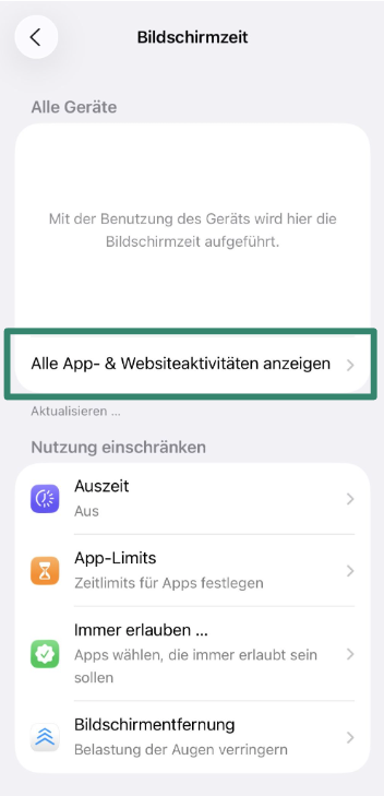 Screen Time menu with See All App & Website Activity option.
