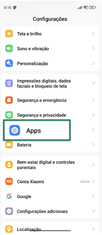 Android Settings screen with 'Apps' highlighted.
