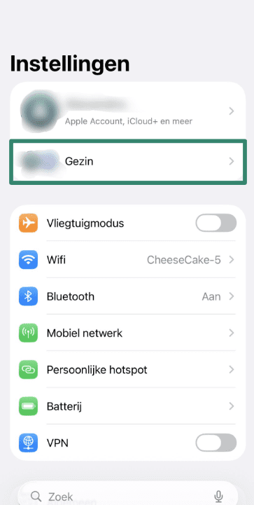 iPhone Settings screen with “Family” option highlighted under Apple ID.