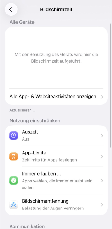 Screen Time dashboard with app and website activity summary.