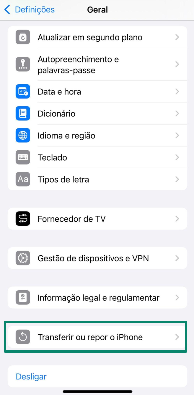 Settings app showing the Transfer or Reset iPhone option in the General menu