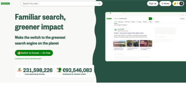 Page d’accueil d’Ecosia mettant en avant la plantation d’arbres et la recherche écologique.