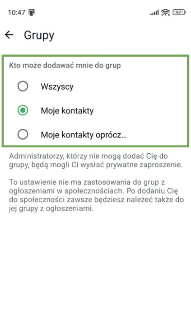 WhatsApp Groups settings highlighting preferences for Who can add me to groups.