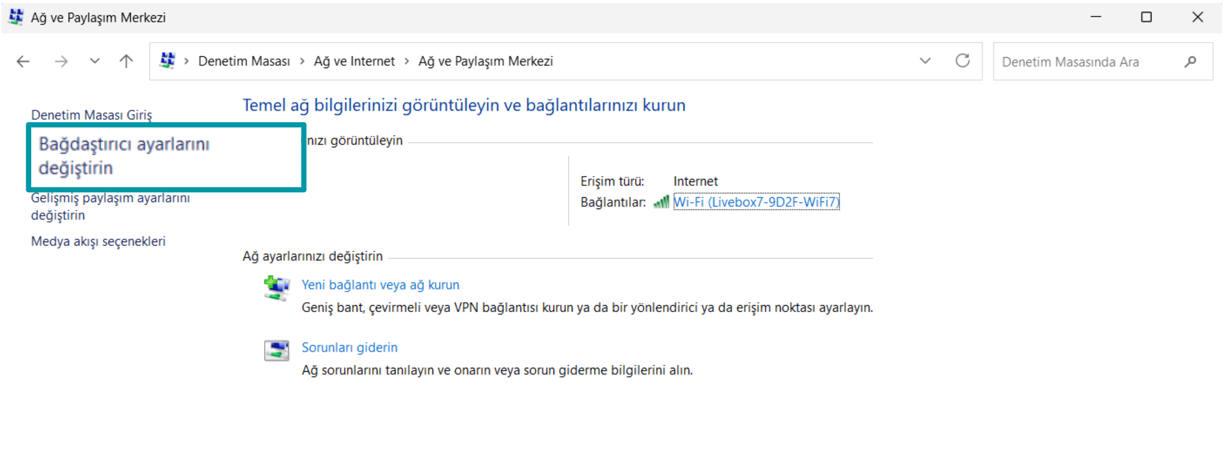 Click Change Adapter Settings Tr
