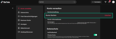 Screenshot showing how to begin the account deletion process on TikTok's desktop website