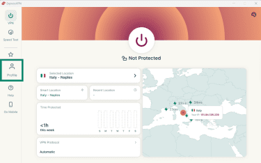 ExpressVPN desktop app main dashboard displaying Not Protected status, selected location Italy – Naples, and the Profile tab highlighted in the left sidebar.