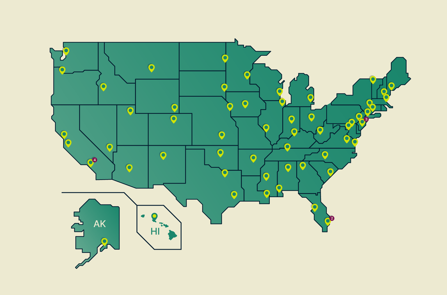Graphic map of United States of America showing locations in all 50 states