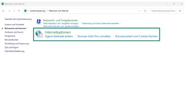 The Control Panel, opened to Network and Internet with Internet Options highlighted.