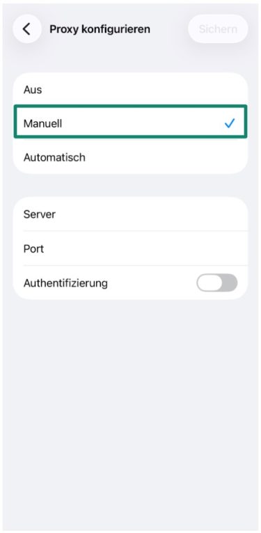 The iPhone Configure Proxy menu with the Manual setting highlighted.