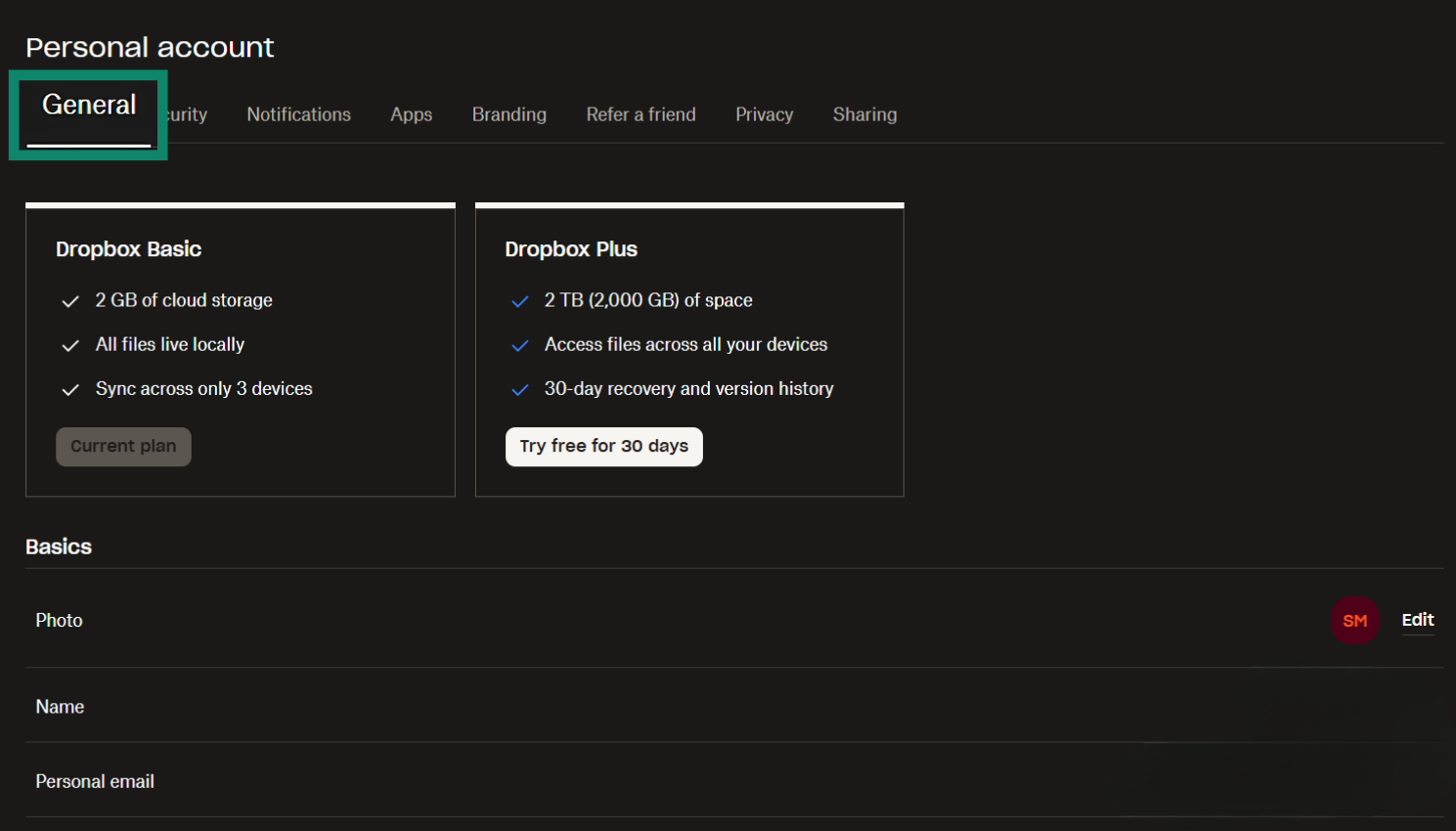 Dropbox settings menu opened to General.