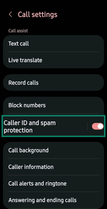 Android call settings with “Caller ID and spam protection” highlighted.