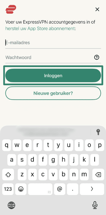 Logging into ExpressVPN using email address and password.