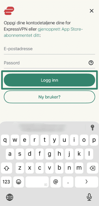 Logging into ExpressVPN using email address and password.