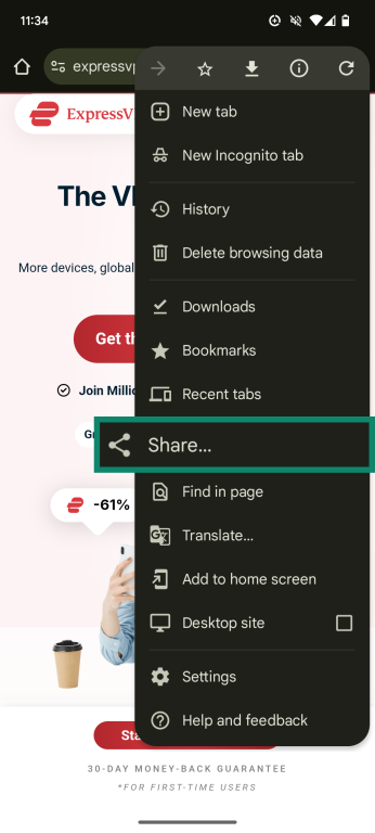 An Android smartphone screenshot, showing the Share button in the settings menu of the Google Chrome mobile app.