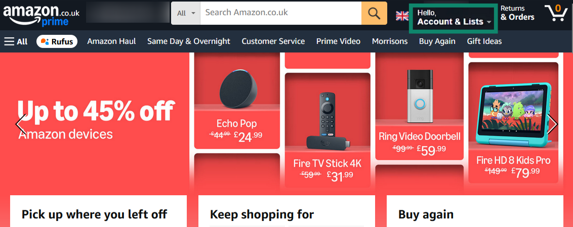 Accessing the Account & Lists menu on the Amazon website.