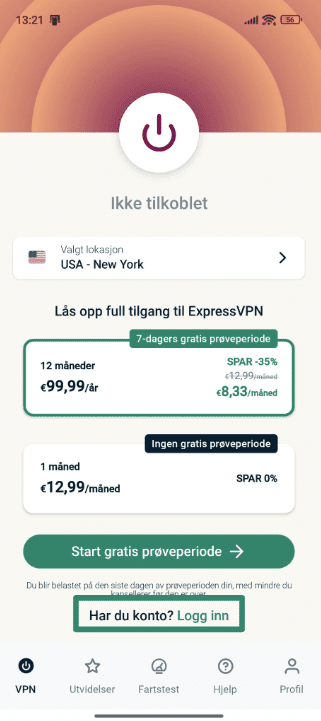Signing into ExpressVPN on Android.