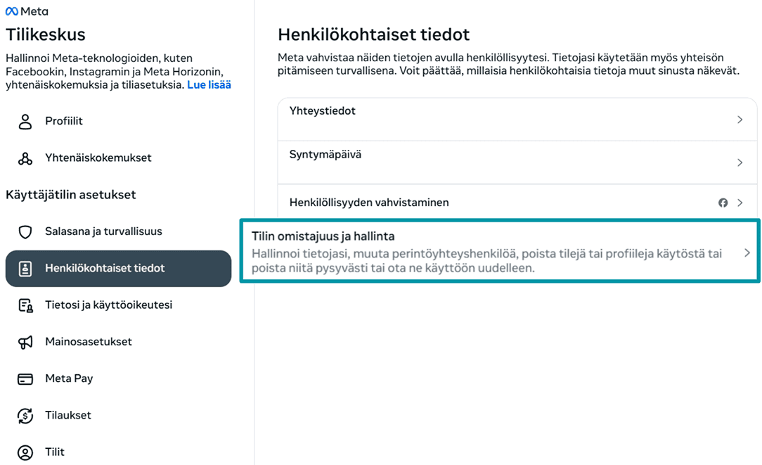 Facebook Accounts Centre Personal details tab with Account ownership and control highlighted.