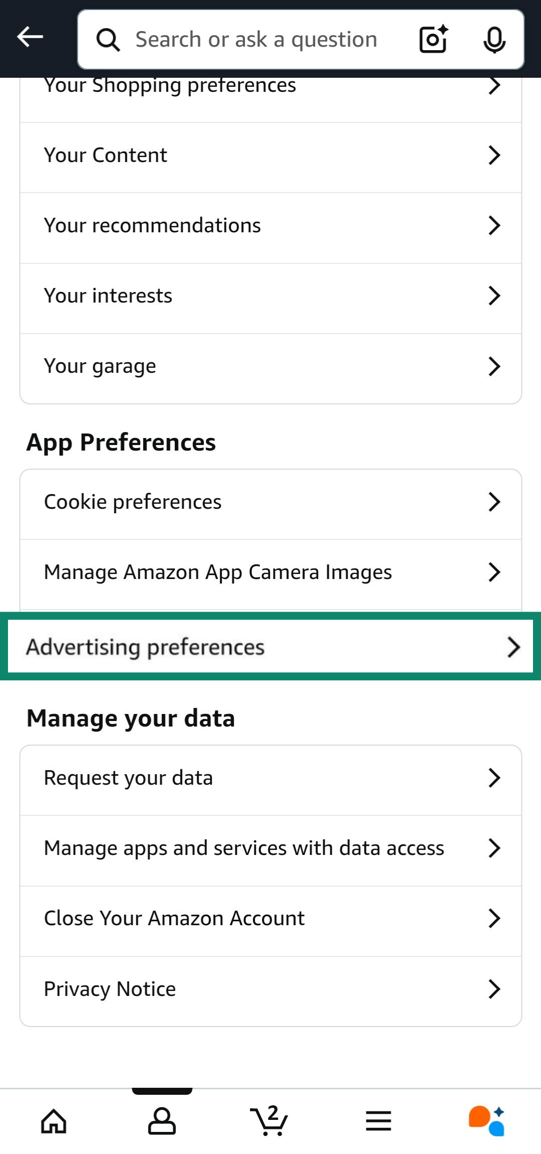 Accessing advertising preferences on the Amazon app.