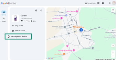 Google's Find My Device dashboard, highlighting the menu option to ‘Factory reset device’ for a lost Android phone.