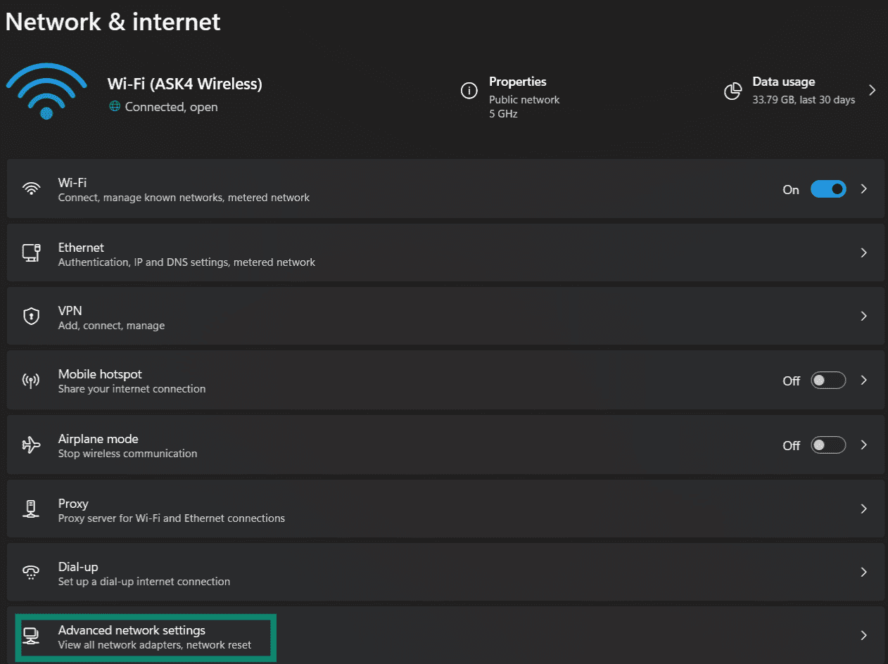 Accessing Advanced network settings on Windows.