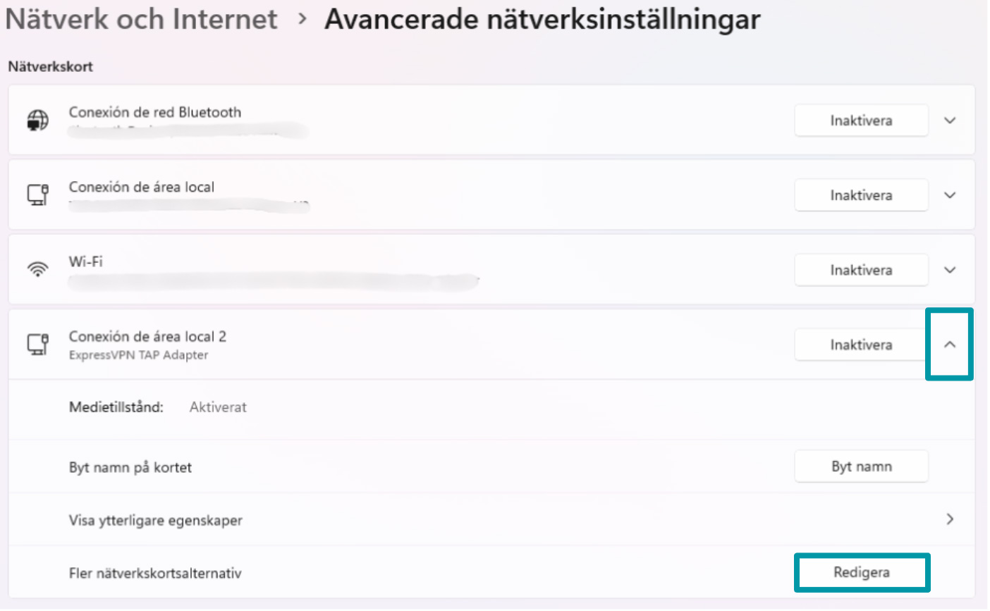 Accessing ExpressVPN TAP Adapter settings on Windows.