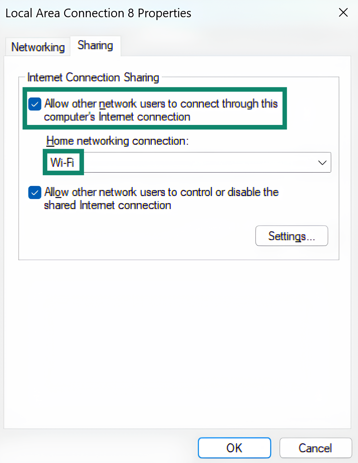 Adjusting ExpressVPN TAP Adapter sharing settings.
