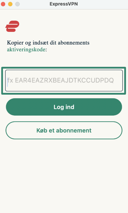 Indlogning i ExpressVPN på macOS ved brug af aktiveringskode.