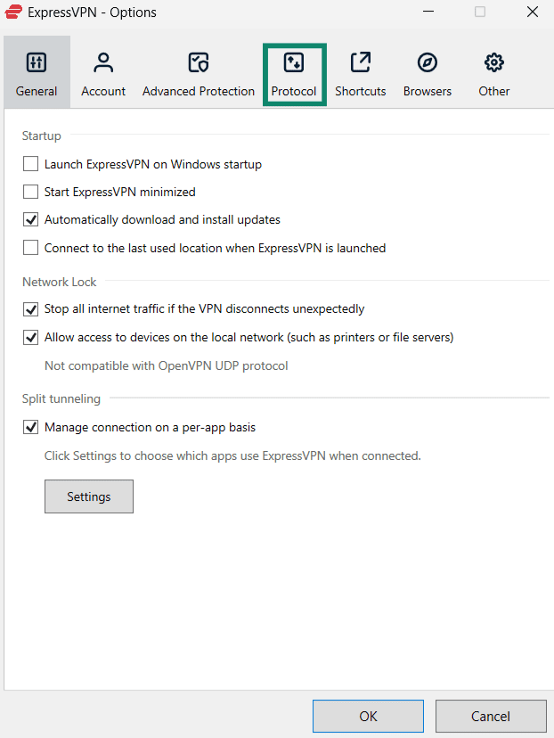 Accessing ExpressVPN protocol options on Windows.