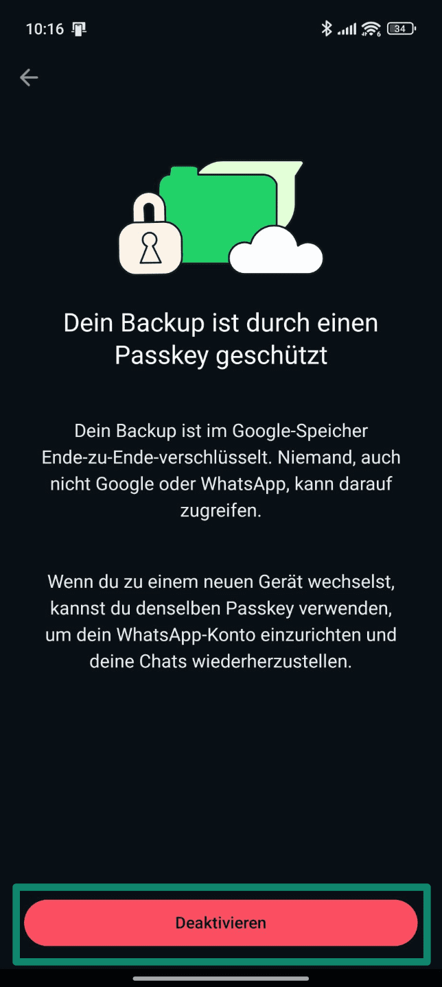 WhatsApp screen showing that end-to-end encrypted backup is active with options to change password or turn off