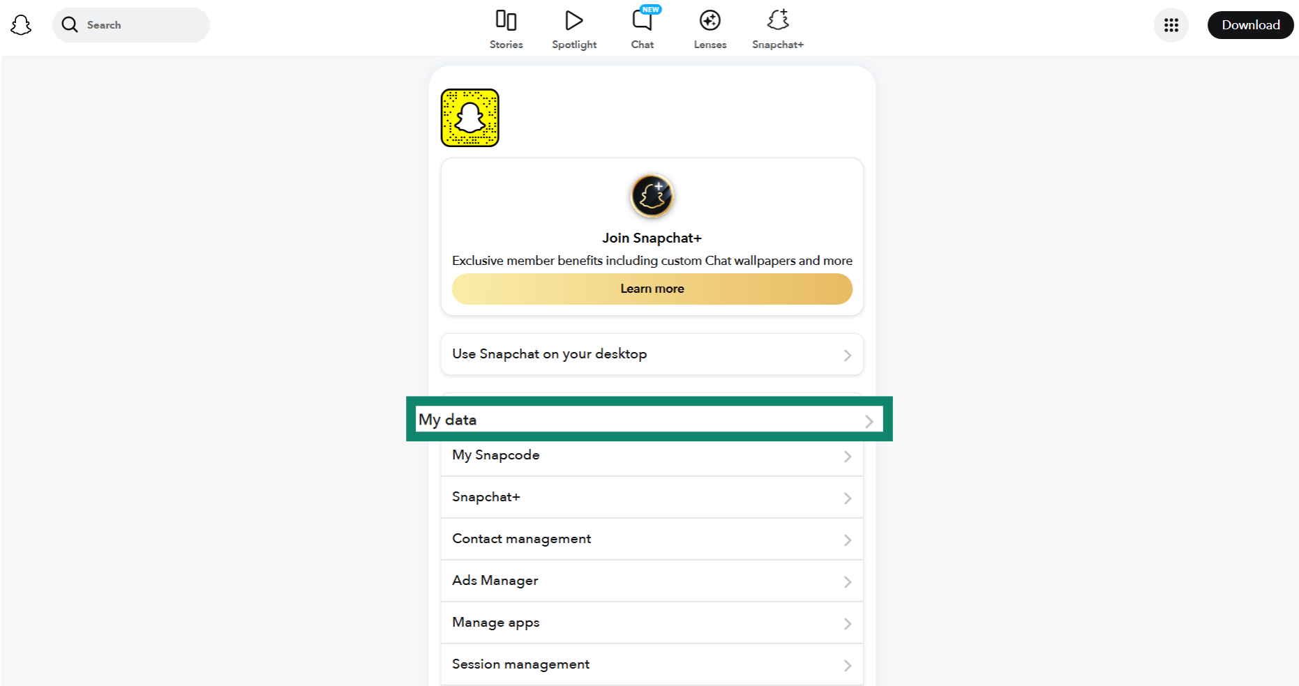 The Snapchat Settings page, showing the My data option.