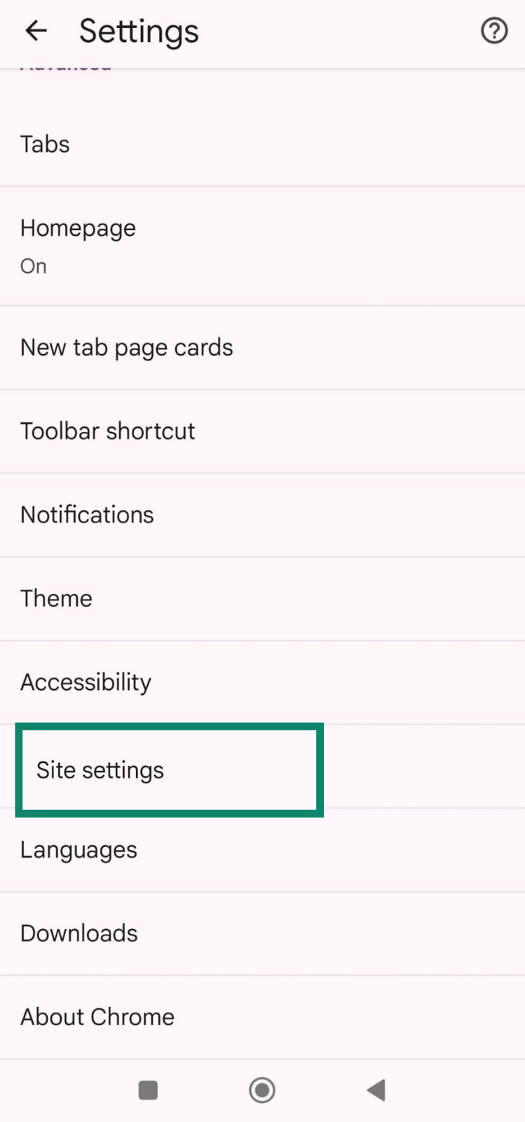 Chrome settings screen with Site settings option highlighted.