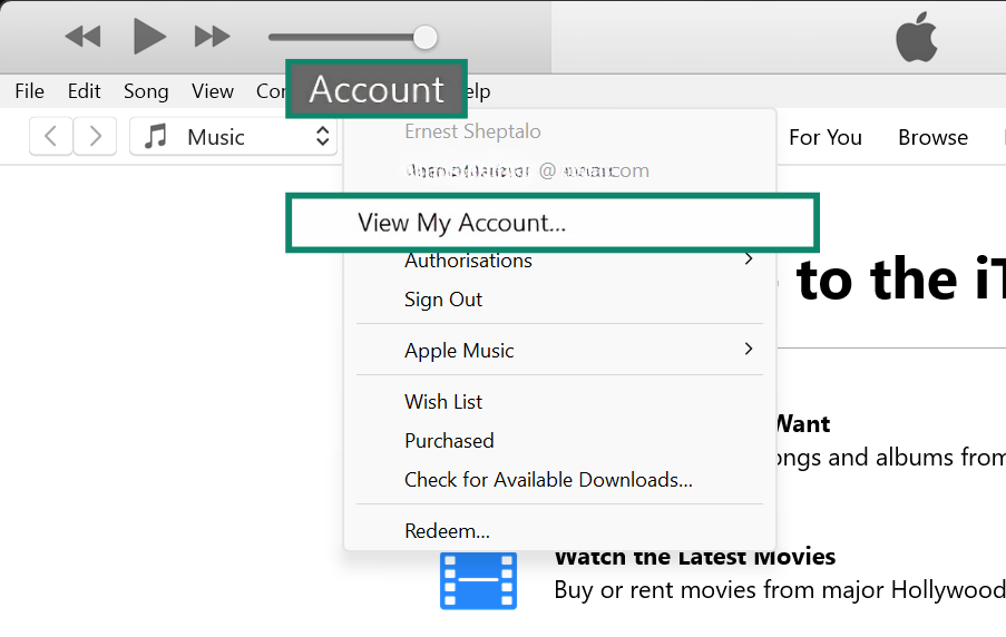 iTunes interface with the Account menu open and "View My Account…" option highlighted.