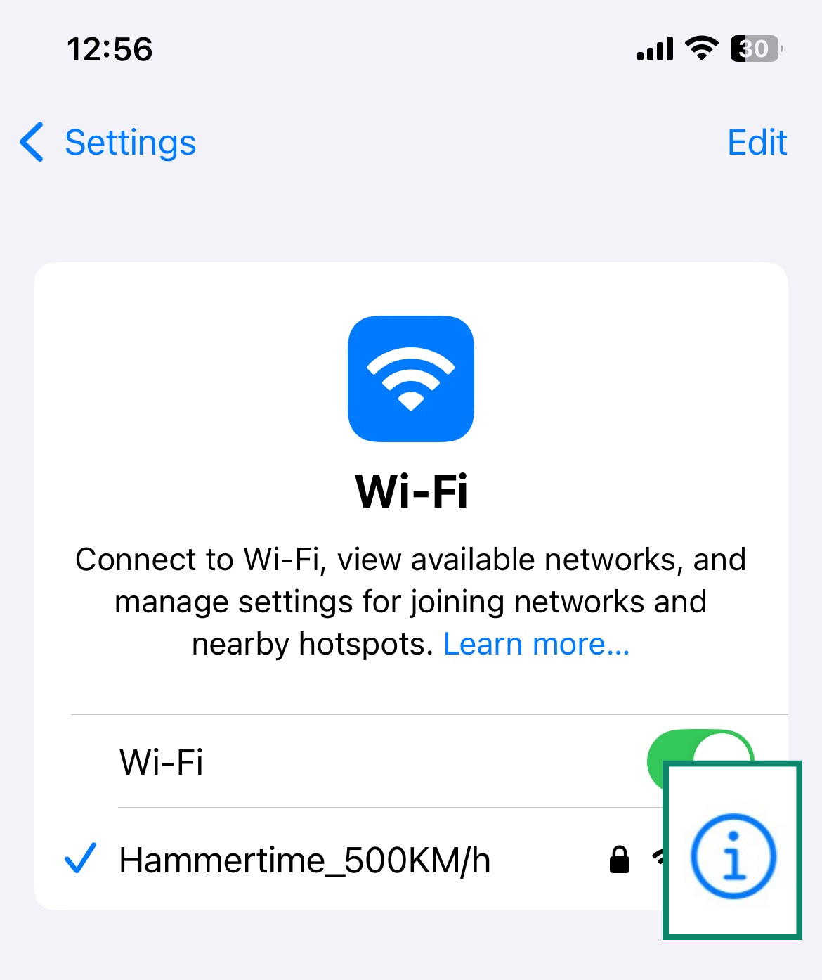 Tap the network's information icon to reveal its DNS settings dashboard.
