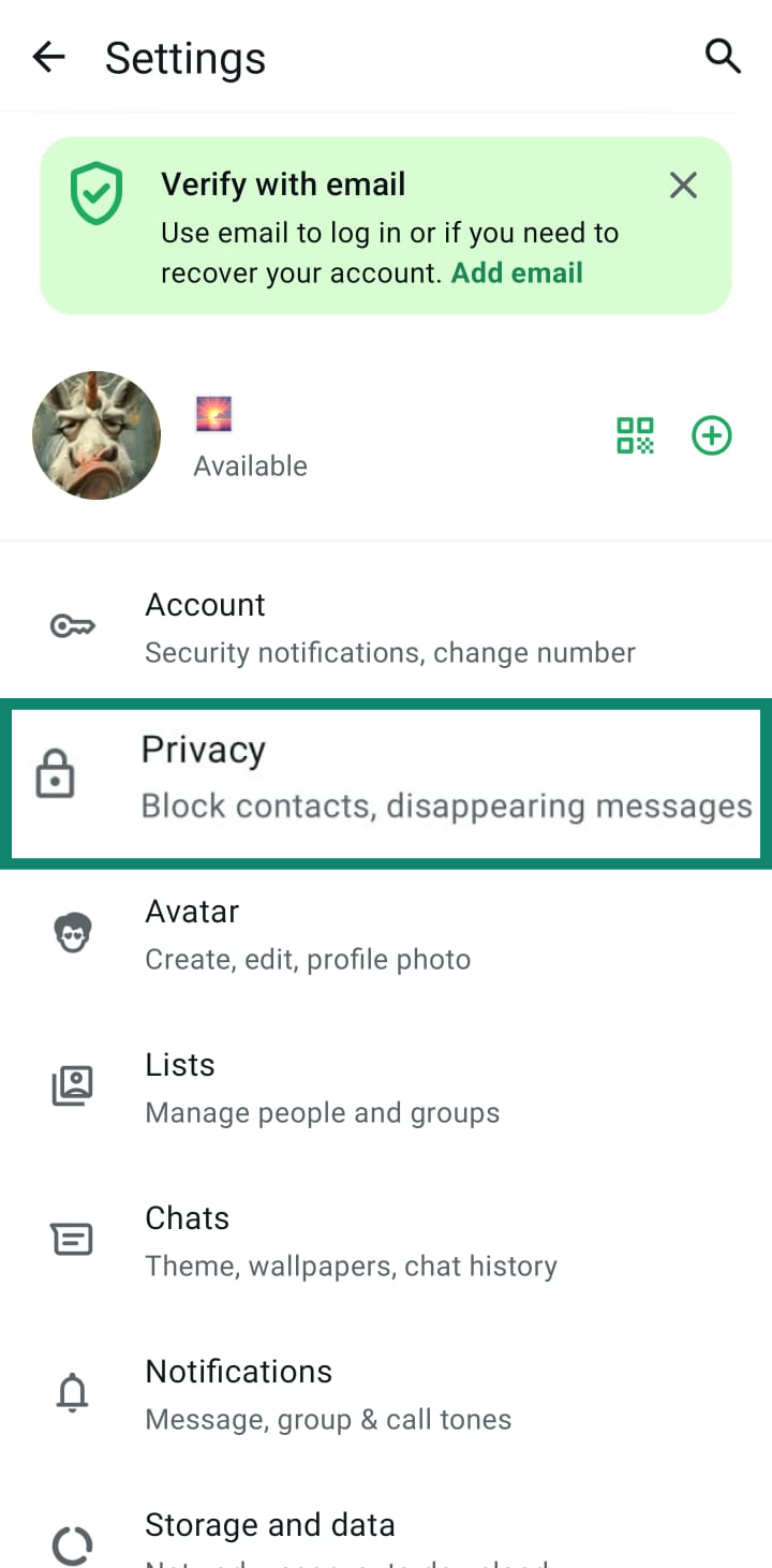 The main WhatsApp Settings screen, with the 'Privacy' menu option highlighted