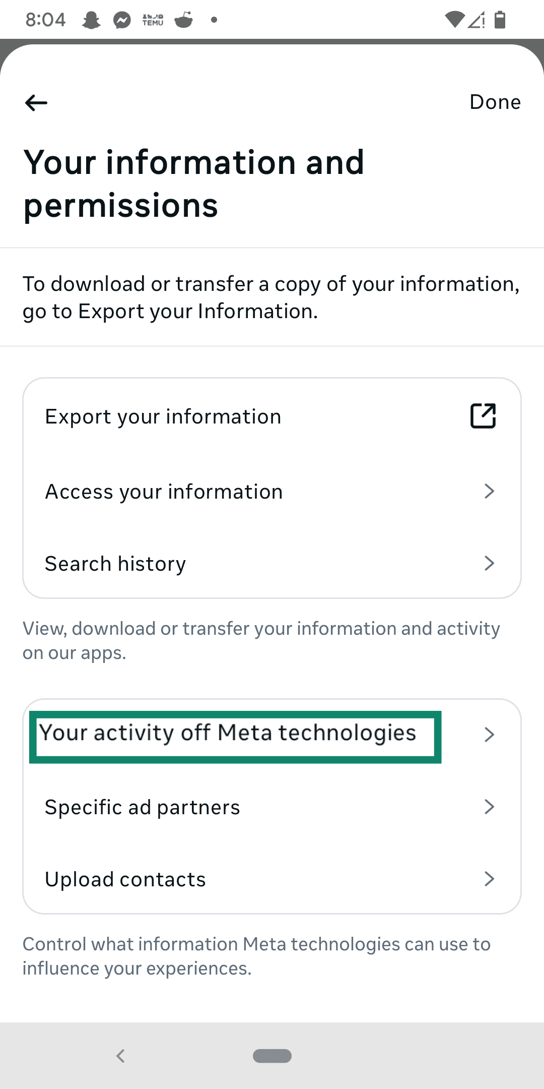 Finding your activity off Meta technologies.