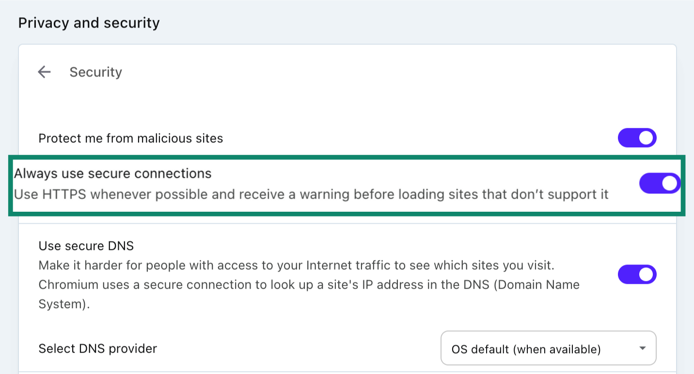 The Opera "Always use secure connections" toggle.