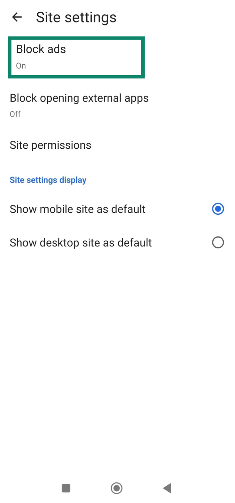Edge site settings screen with the Block ads option toggled on.