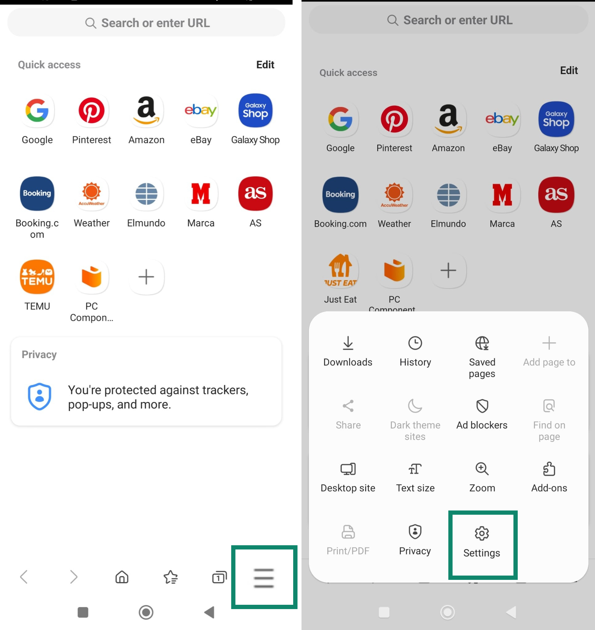 Opening Samsung Internet settings from the bottom menu on Android.