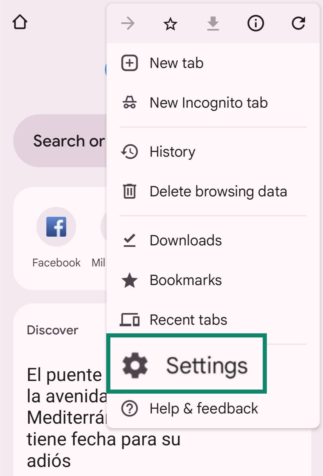 Chrome browser menu showing Settings option highlighted